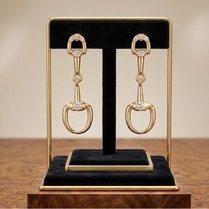 Gold Drop Horsebit Earrings with Crystal Accents